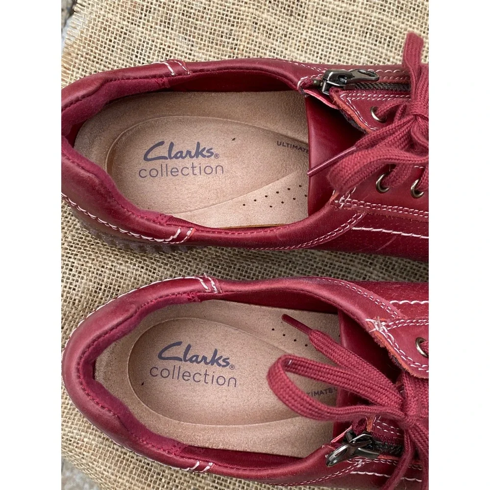 Burgundy Clarks Collection Leather Zip Lace Up Sneakers Gorpcore - (Women's 11)